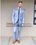 Handsome Blue Mens Suits Wedding Groom Tuxedo Double Breasted Business Party Prom Blazer 2 Piece Set Jacket Pants Costum