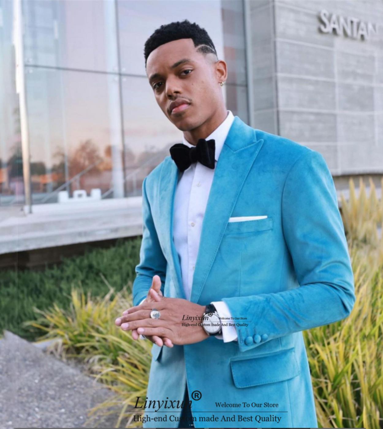 119 46 US Trajes azules de moda para hombre Blazer Formal para banquete con solapa de pico esmoquin ajustado para novio de boda conjunt Description