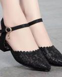 2022 New Soft Pu Leather Sandals,women Summer Heels,fashion Ankle Buckle Mesh Shoes,pointed Toe,female Footware,black,go