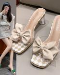 2022 Summer New Pu Butterfly Knot Plaid Women Sandals Fashion Pointed Toe Slip On Ladies Mules Shoes Thin Low Heel Slide