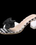 2022 Summer New Pu Butterfly Knot Plaid Women Sandals Fashion Pointed Toe Slip On Ladies Mules Shoes Thin Low Heel Slide