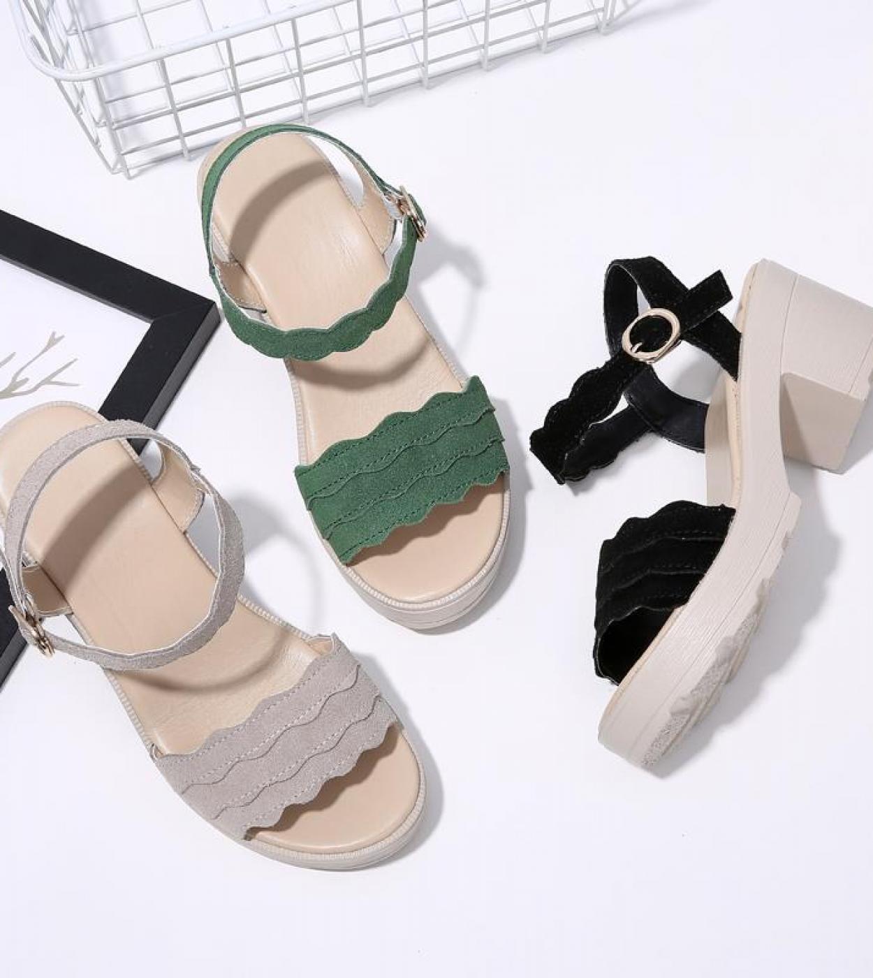 2022 Summer Womens Sandals Suede Thick Heel Leather High Waist Casual Shoes Platform Buckle  Style Sandals  Womens San
