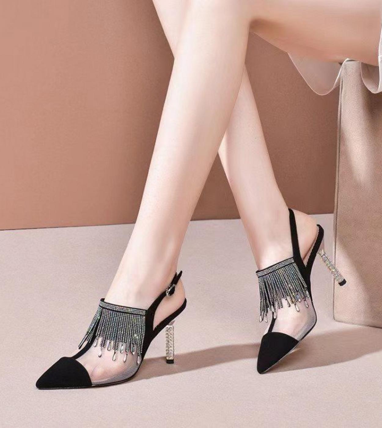 2022 Summer Ladies Pointed Rhinestone Sandal Women Shoes High Heels Sandals Woman Strap  Black Red Wedding Party Shoes L