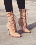 2022 New Stretch Fabric Womens Ankle Boots Heel Shoes Women High Heel  Pointed Toe Laceup Boots For Springautumn  Wome
