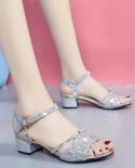 Golden Pu Leather Sequined Metal Decoration Bling Square Heel Sandals Fish Mouth Nonslip Rome Women Shoes Designer Slipp