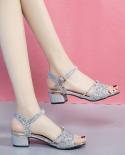 Golden Pu Leather Sequined Metal Decoration Bling Square Heel Sandals Fish Mouth Nonslip Rome Women Shoes Designer Slipp