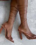 2022 New Women Gladiator Knee High Sandals Open Toe Lace Up Cross Strappy Sandals Women High Heels Fashion  Shoes  Women