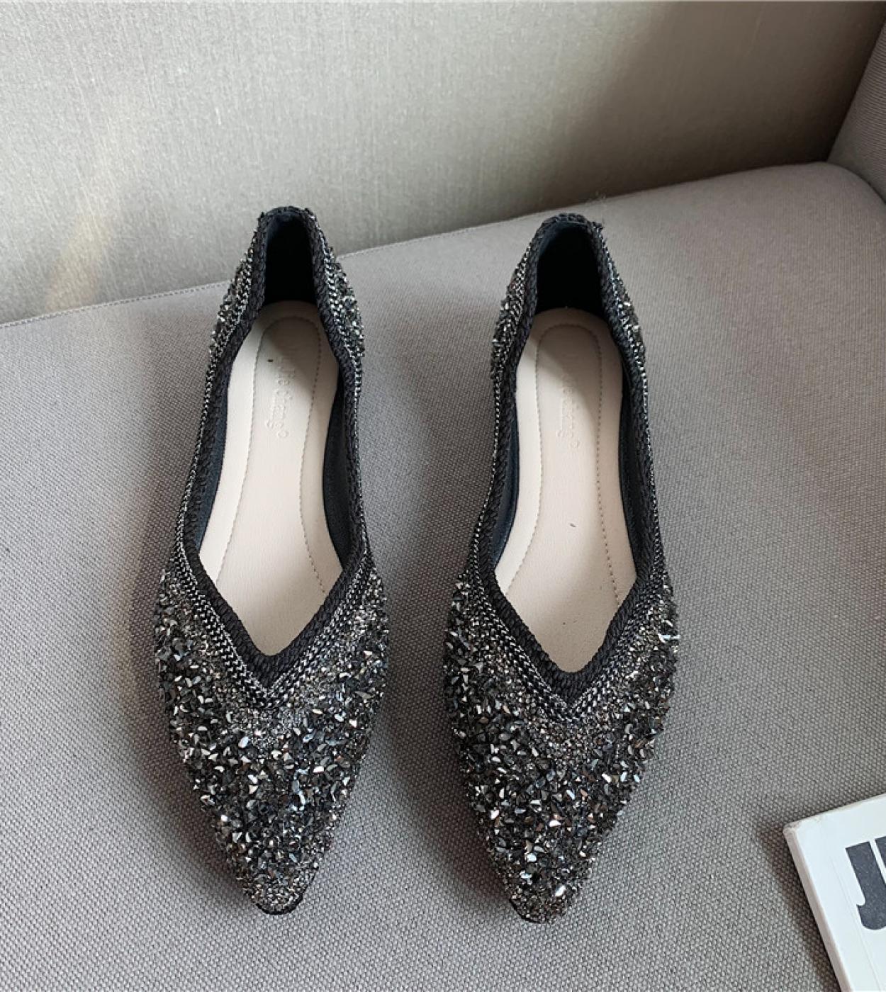 Green Pointed Toe Ballet Flats Women Chains Design Rhinestone Espadrilles Moccasins Casual Plusroll Up Loafers Shoeswome