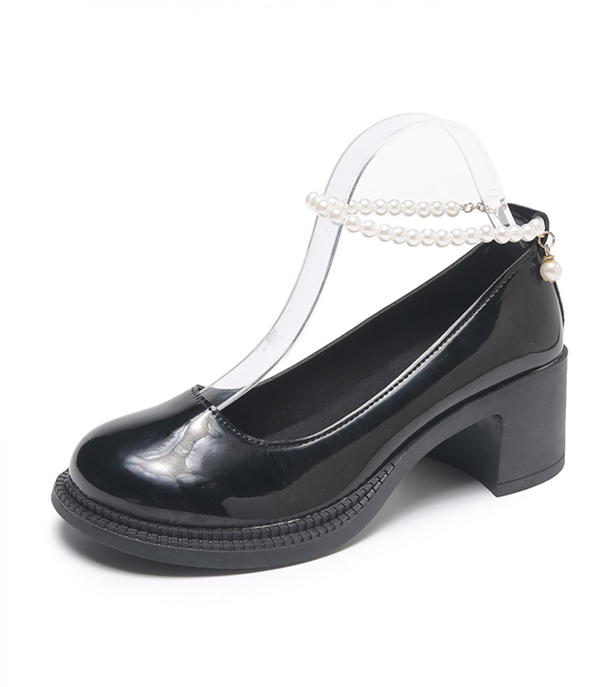 Womens Round Toe Mid Heel Lolita Small Leather Shoes Pearl Chain Decorative Shiny Black Large Heels Mary Jane Womens S