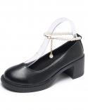 Womens Round Toe Mid Heel Lolita Small Leather Shoes Pearl Chain Decorative Shiny Black Large Heels Mary Jane Womens S