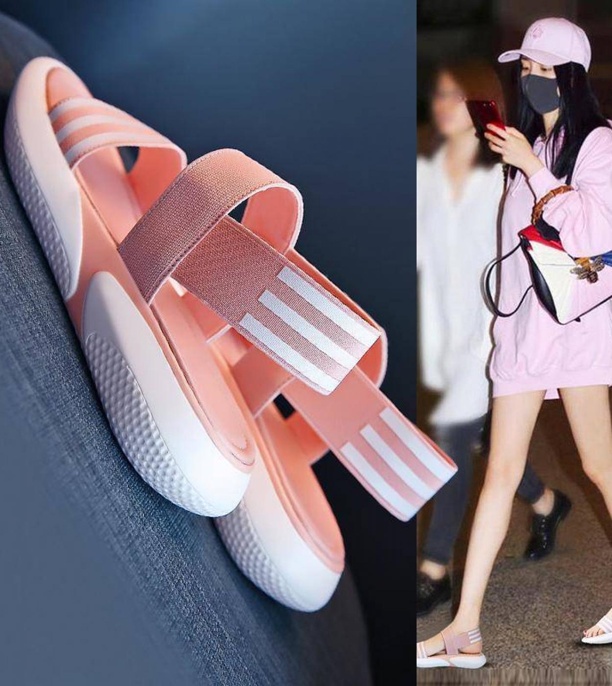 Fashionable Breathable Sandals Pink Elastic Belt Thick Bottom Sponge Cake Womens Shoes  New Fish Mouth Flat Shoes 35 40