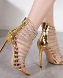 Gold Women Sandals Gladiator Heels High  Gold Strappy Sandals Block Heels  Crystal  