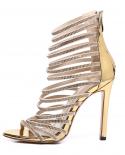 Gold Women Sandals Gladiator Heels High  Gold Strappy Sandals Block Heels  Crystal  