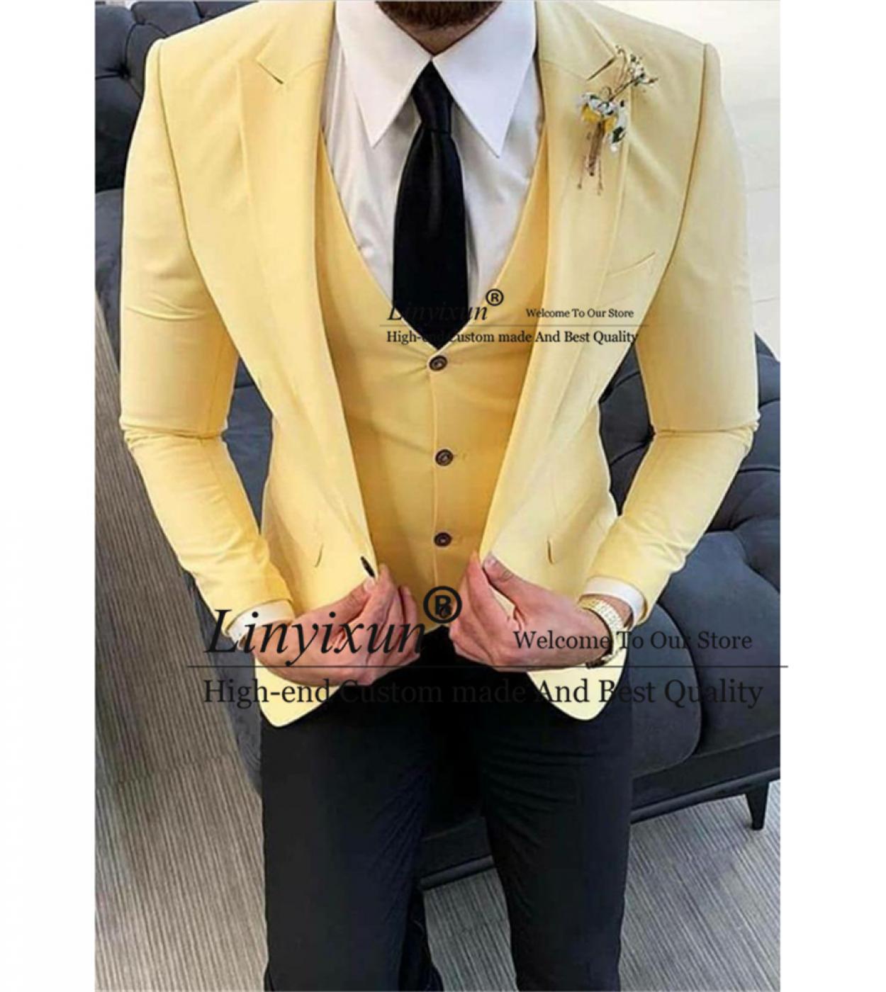Yellow Casual Prom Mens Suits Slim Fit With Black Pants Wedding Groom Tuxedo 3 Piece Male Fashion Banquet Blazer Costume