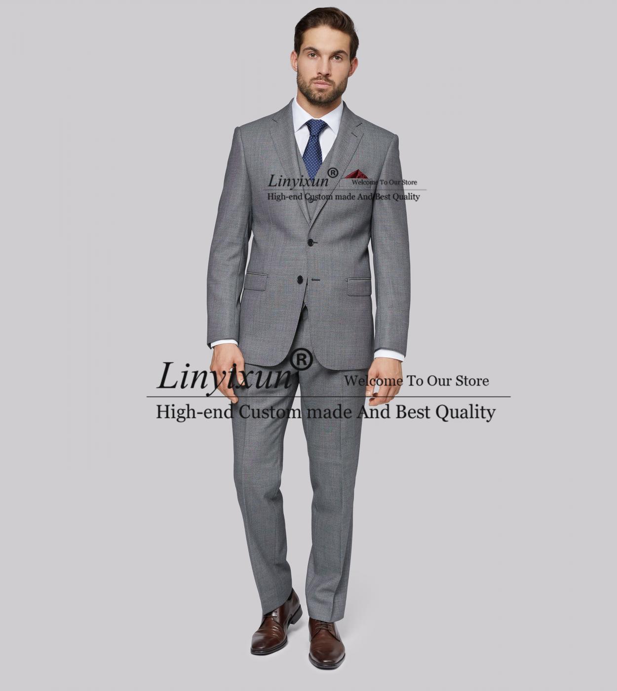 Fashion Grey Mens Suits Formal Business Blazer Slim Fit Wedding Groom Tuxedo Best Man 3 Pieces Jacket Vest Pants Terno M