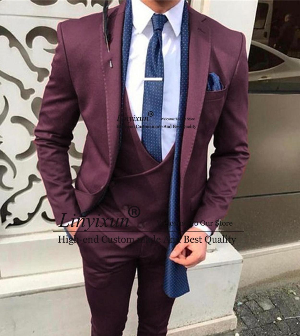 Classic Burgundy Mens Suits 3 Pieces Wedding Groom Tuxedo Slim Fit Business Male Blaszer Jacket Vest Pants Set Costume H