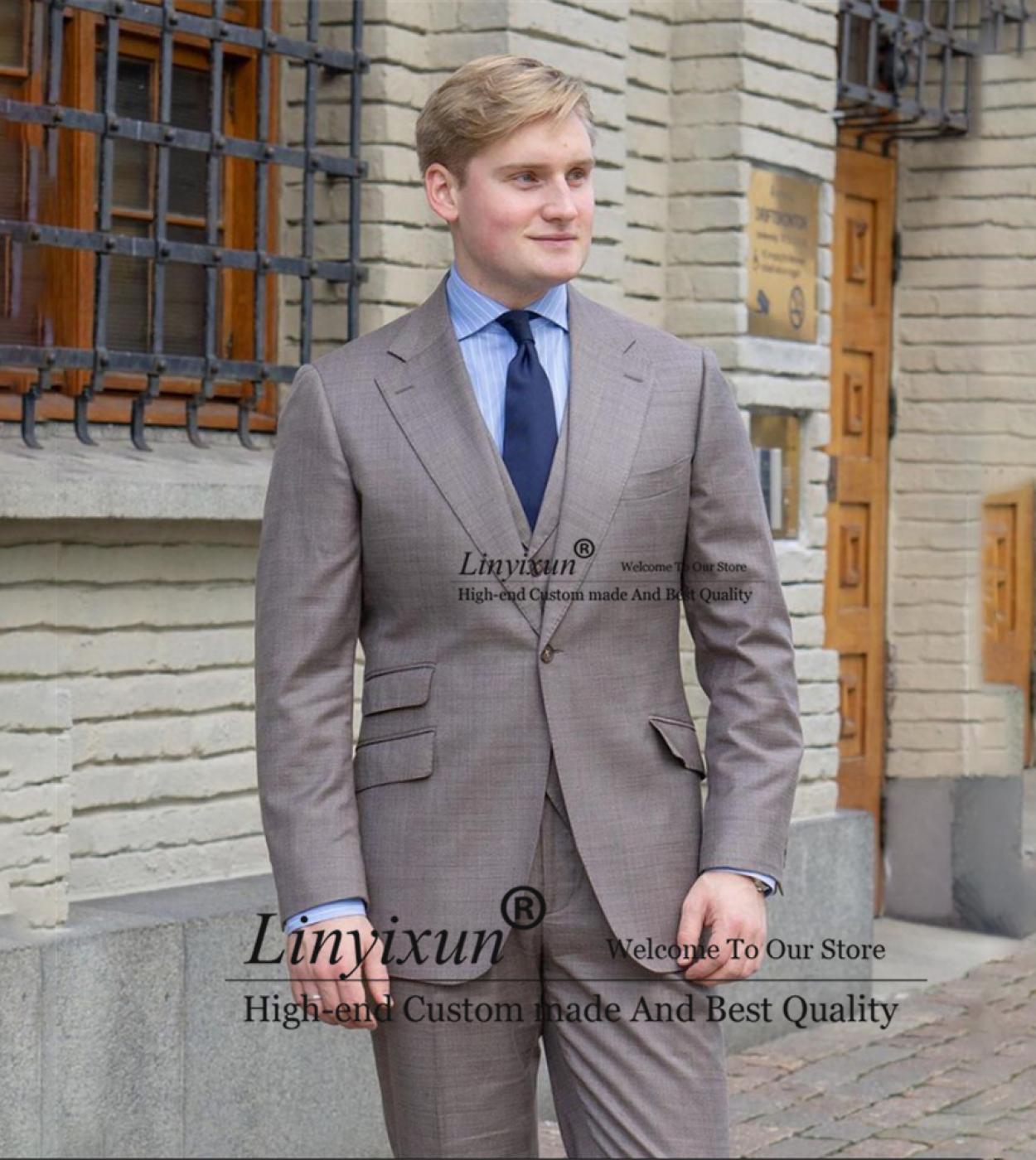 Grey Mens Suits Slim Fit Notched Lapel Formal Business Blazer 3 Piece Set Wedding Groom Tuxedo Terno Masculino Jacket Ve