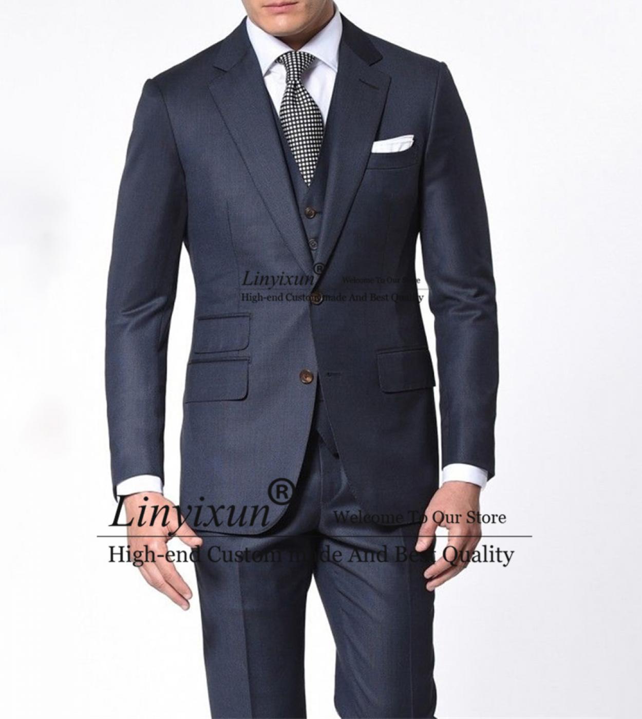 Fashion Navy Blue Mens Suits Notched Lapel Professional Business Blazer Slim Fit Daily Terno Masculino 3 Piece Jacket Ve
