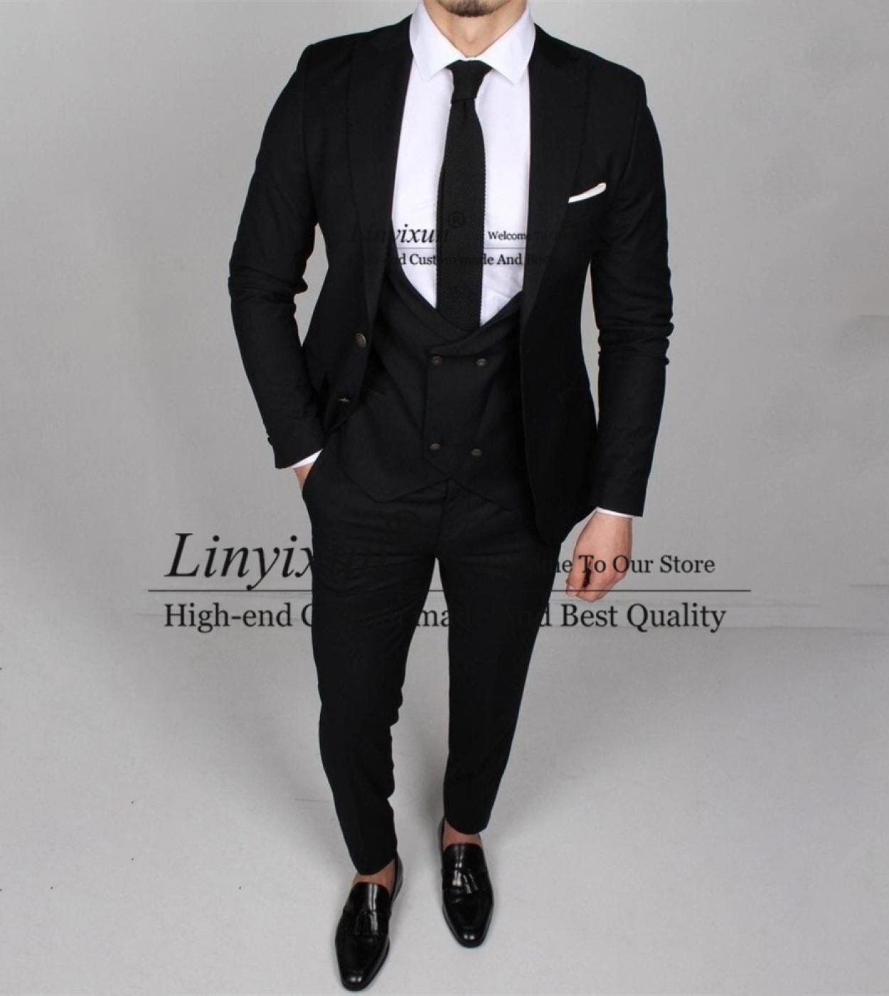 Fashion Black Mens Suit Slim Fit Peak Lapel Formal Business Blazer Wedding  Groom Tuxedo Costume Homme 3 Pieces Jacket Ve