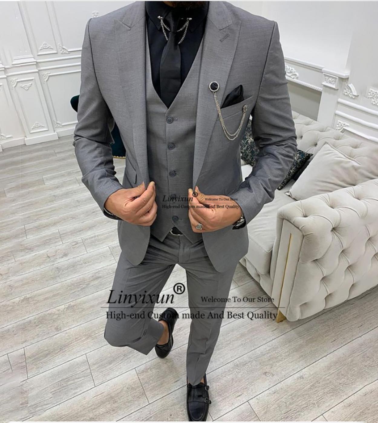 Fashion Grey Mens Suits Formal Business Male Blazer Slim Fit Wedding Groom Tuxedos 3 Piece Jacket Vest Pants Costume Hom