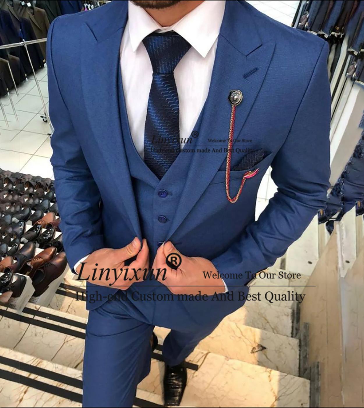 Royal Blue Daily Mens Suits 3 Piece Set Formal Business Blazer Slim Fit Wedding Groom Tuxedo Terno Masculino Jacket Vest