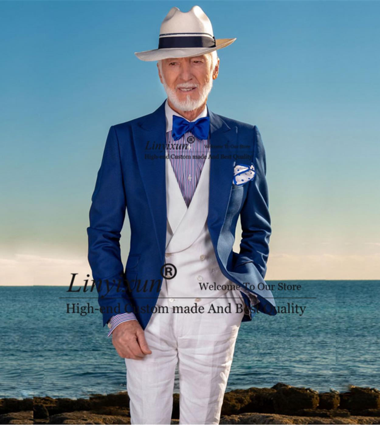 Fashion Blue Mens Suits Slim Fit Peaked Lapel Business Blazer Wedding Groom Tuxedos 3 Piece Jacket Vest Pants Set Costum