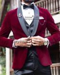 Burgundy Velvet Prom Men Suits Shawl Lapel Wedding Groom Tuxedo 3 Piece Set Dinner Blazer Vest Black Pants Elegant Costu