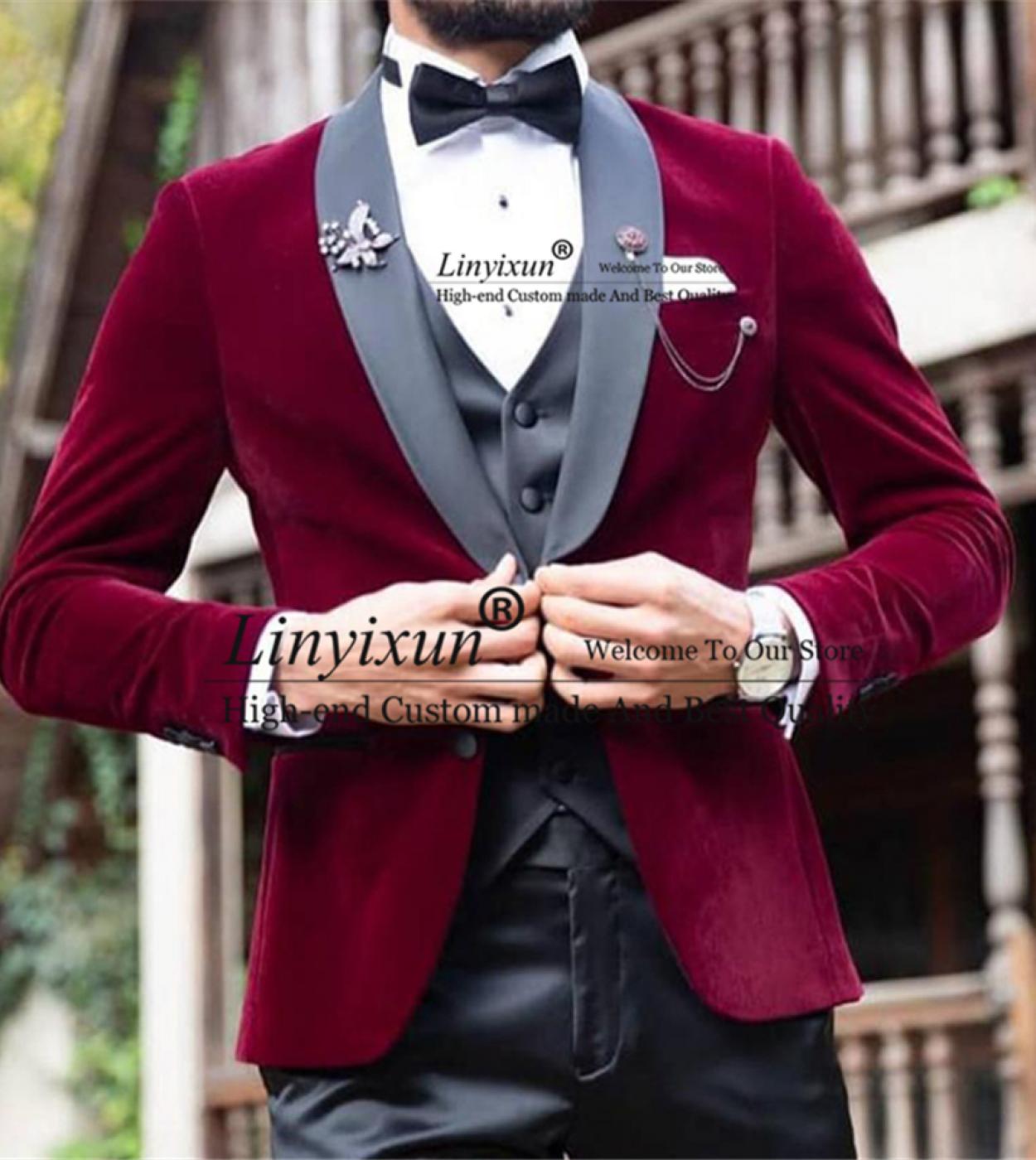 Burgundy Velvet Prom Men Suits Shawl Lapel Wedding Groom Tuxedo 3 Piece Set Dinner Blazer Vest Black Pants Elegant Costu