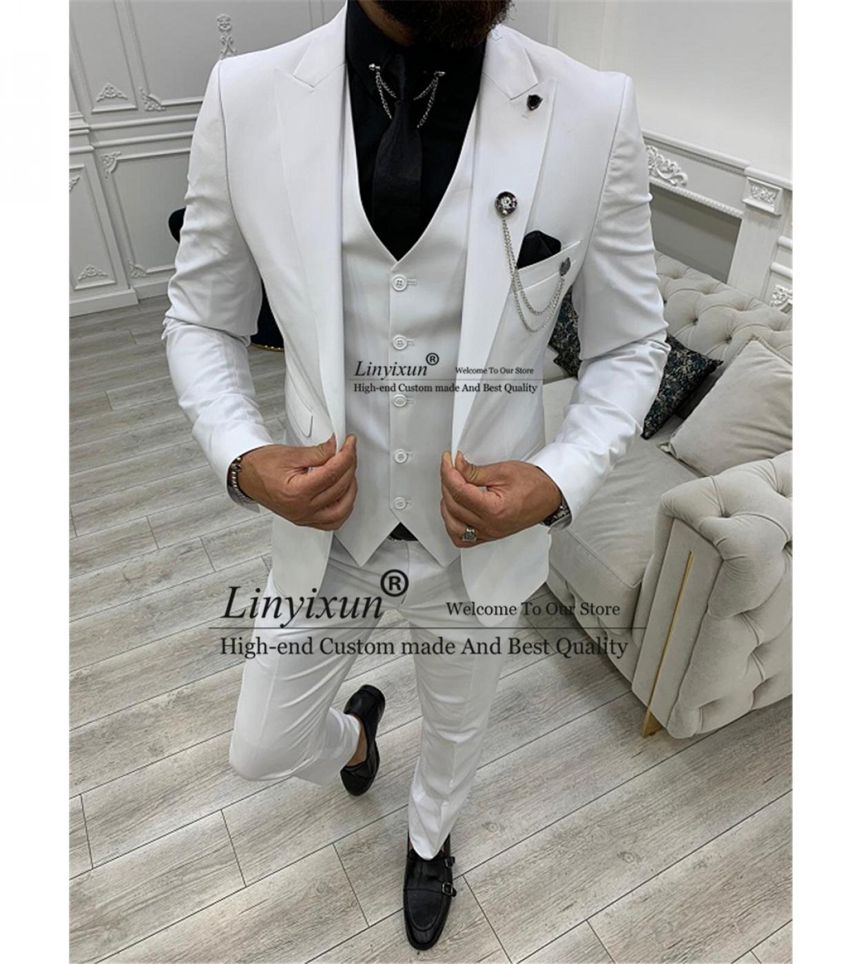 Fashion White Suit Men ​wedding Groom Tuxedo Slim Fit Formal Groomsmen Blazer 3 Piece Set Banquet Jacket Vest Pant Cos