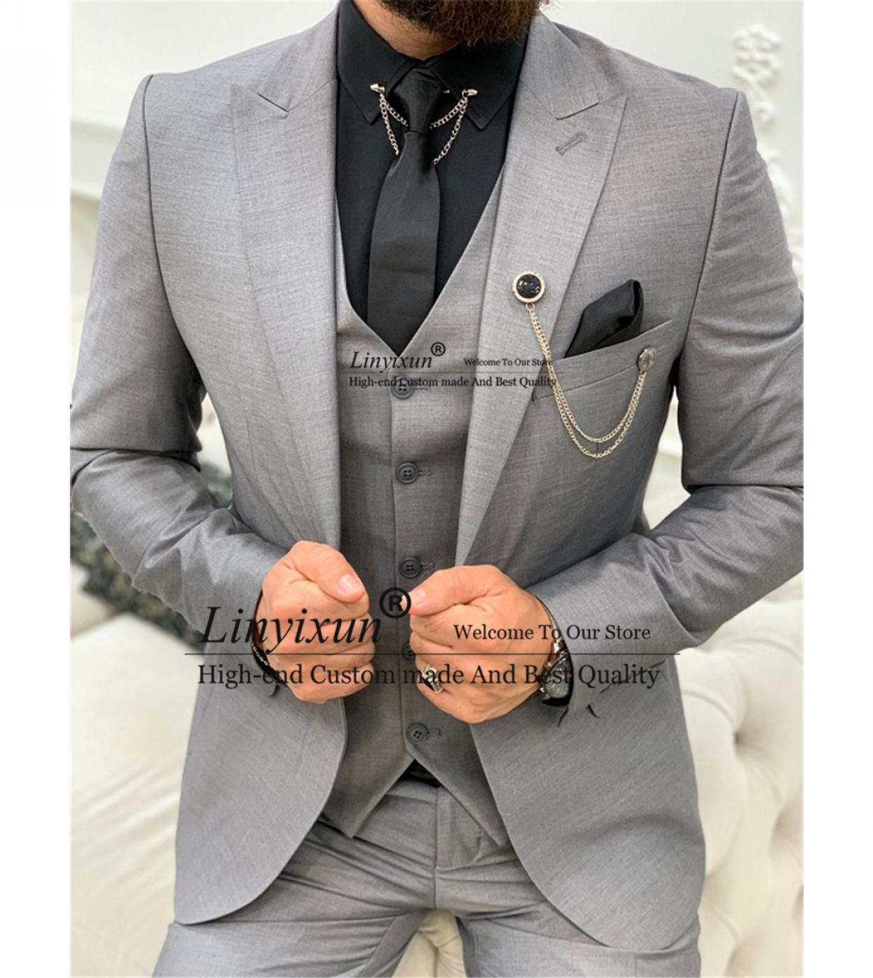 Classic Gray Mens Suits Formal Business Blazer Slim Fit Wedding Groom Tuxedo 3 Piece Set Banquet Jacket Vest Pants Costu