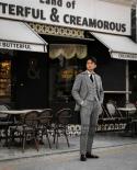 Classic Grey Mens Suits Herringbone Slim Fit Formal Business Blazer Wedding Groom Tuxedo 3 Piece Jacket Vest Pants Costu