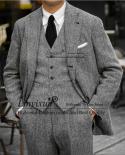 Classic Grey Mens Suits Herringbone Slim Fit Formal Business Blazer Wedding Groom Tuxedo 3 Piece Jacket Vest Pants Costu