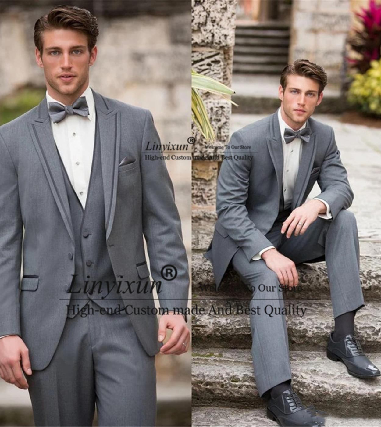 Classic Grey Wedding Men ​suits Groom Tuxedo Slim Fit Banquet Terno 3 Piece Jacket Vest Pant Set Party Prom Blazer Cos