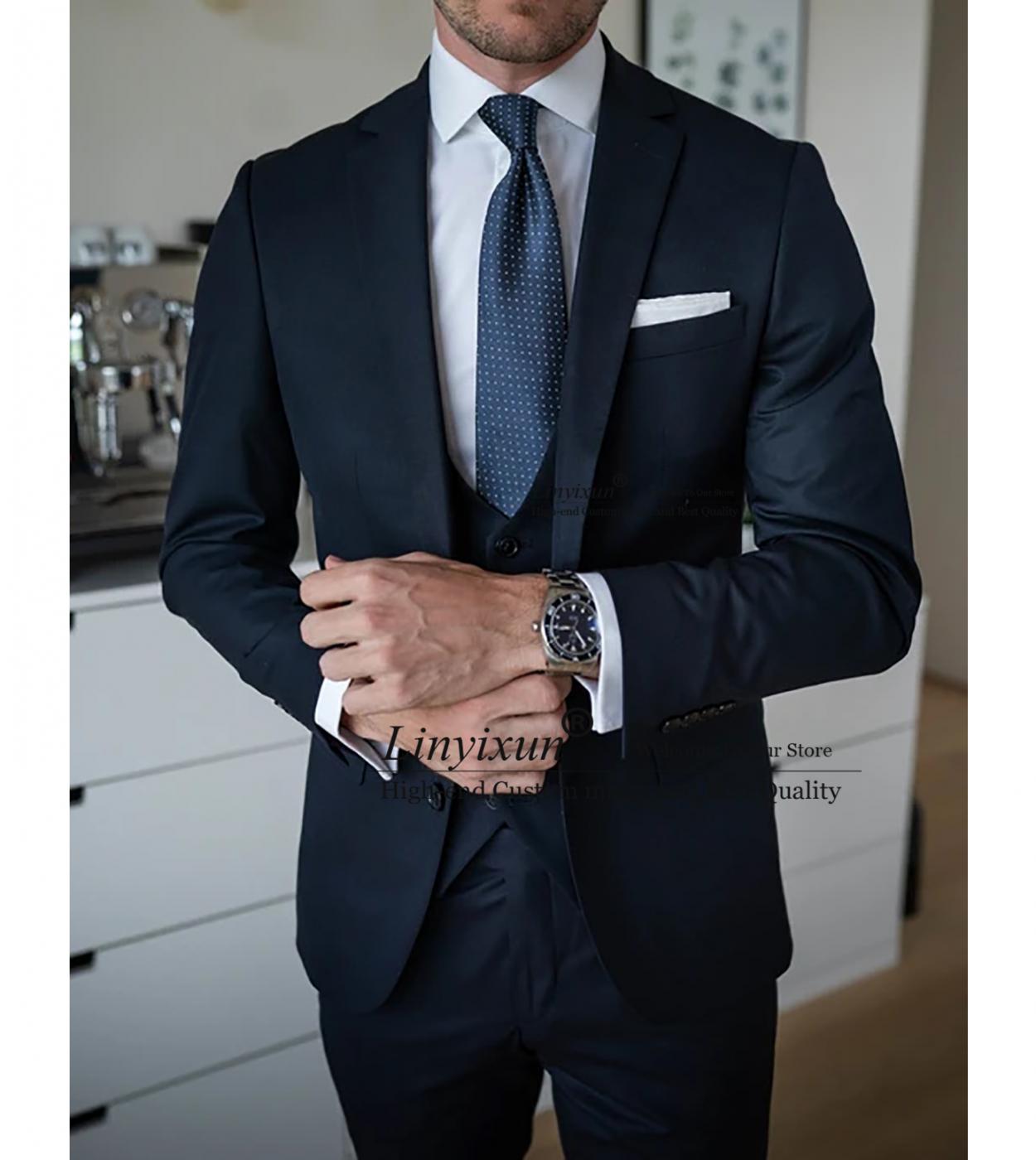 US$129.53-Fashion Navy Blue Mens Suits Formal 3 Piece Business Blazer Slim  Fit Wedding Groom Tuxedos Jacket Vest Pants Set Costum-Description