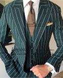 Fashion Green Striped Mens Suit Formal Business Blazer Slim Fit Wedding Groom Tuxedo 3 Piece Set Jacket Vest Pants Costu