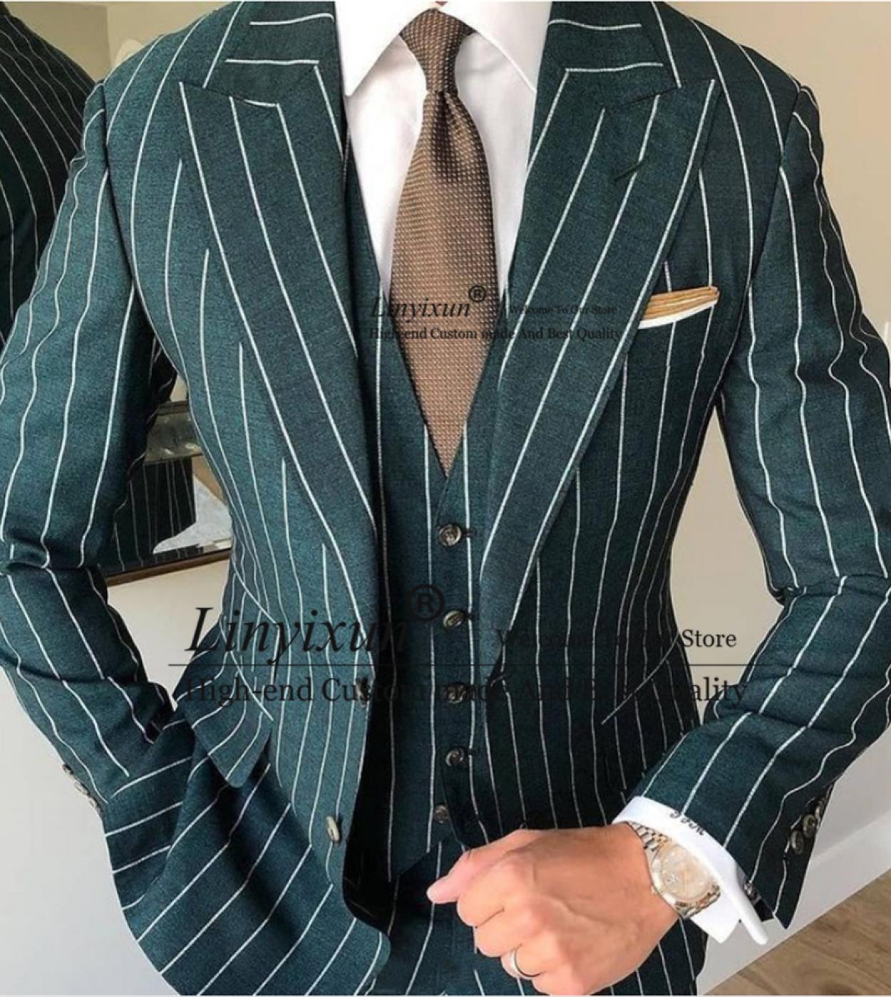 Fashion Green Striped Mens Suit Formal Business Blazer Slim Fit Wedding Groom Tuxedo 3 Piece Set Jacket Vest Pants Costu
