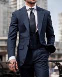 Navy Blue Striped Suits For Men Formal Business Office Blazer Wedding Groom Tuxedo 3 Piece Set Jacket Vest Pants Terno M