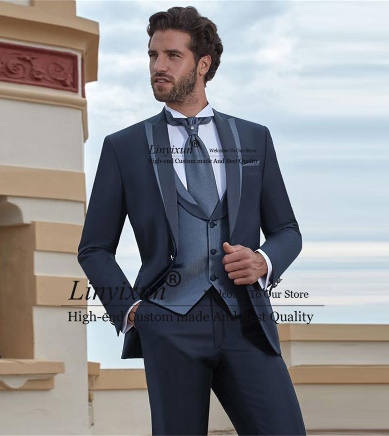 Navy Blue Men Suits Peaked Lapel Formal Tuxedos For Wedding Bridegroom Prom Blazers 3 Piece Set Jacket Pants Vest Costum