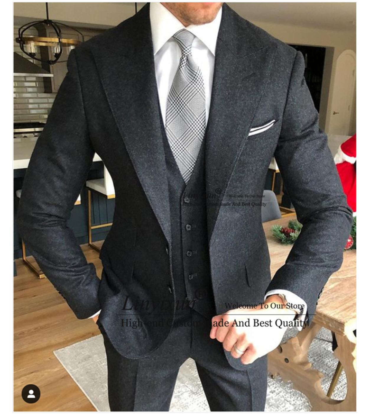 Fashion Dark Gray Mens Suits Business Male Blazer Slim Fit Wedding Groom Tuxedo 3 Pieces Set Jacket Vest Pants Terno Mas