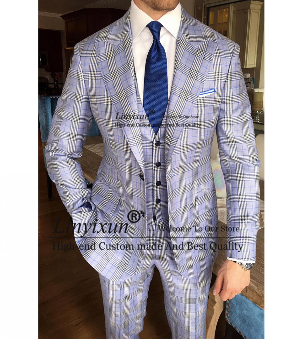Casual Plaid Stripe Mens Suits Slim Fit Formal Business Blazer 3 Piece Jacket Vest Pants Set Wedding Groom Tuxedo Costum
