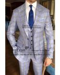 Casual Plaid Stripe Mens Suits Slim Fit Formal Business Blazer 3 Piece Jacket Vest Pants Set Wedding Groom Tuxedo Costum