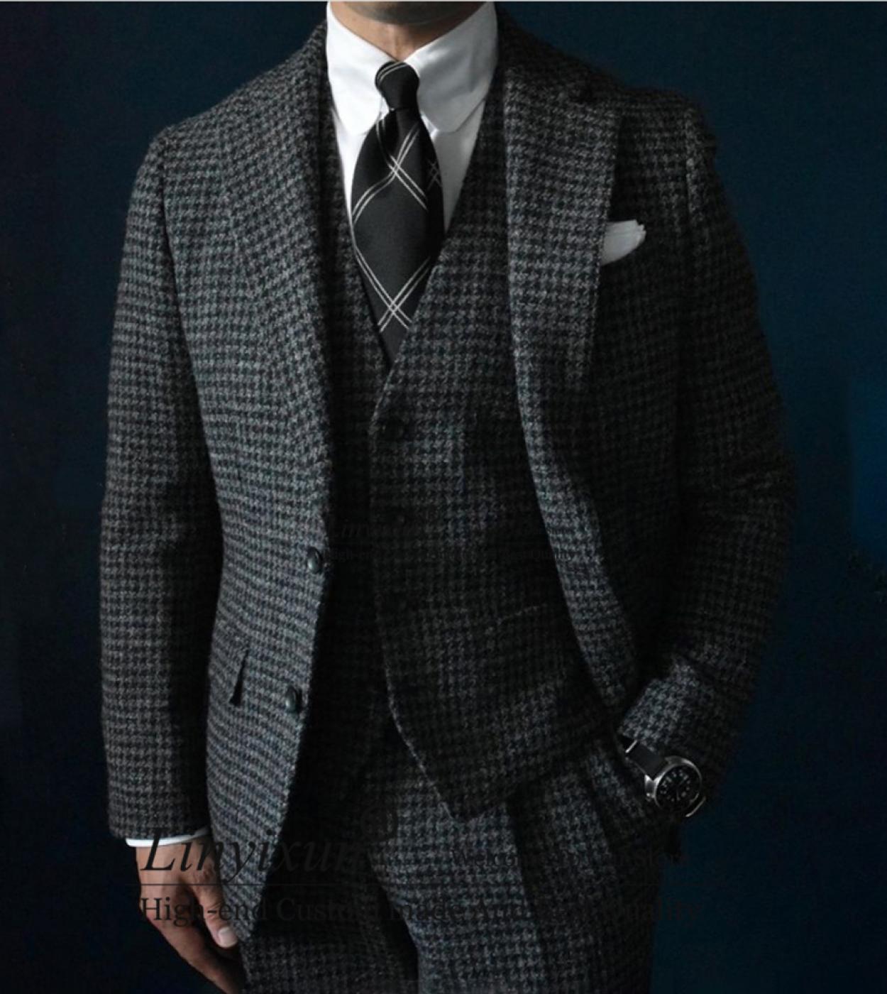 Casual Gray Houndstooth Mens Suits Wedding Groom Tuxedo Business Blazer 3 Piece Set Banquet Jacket Vest Pants Terno Masc