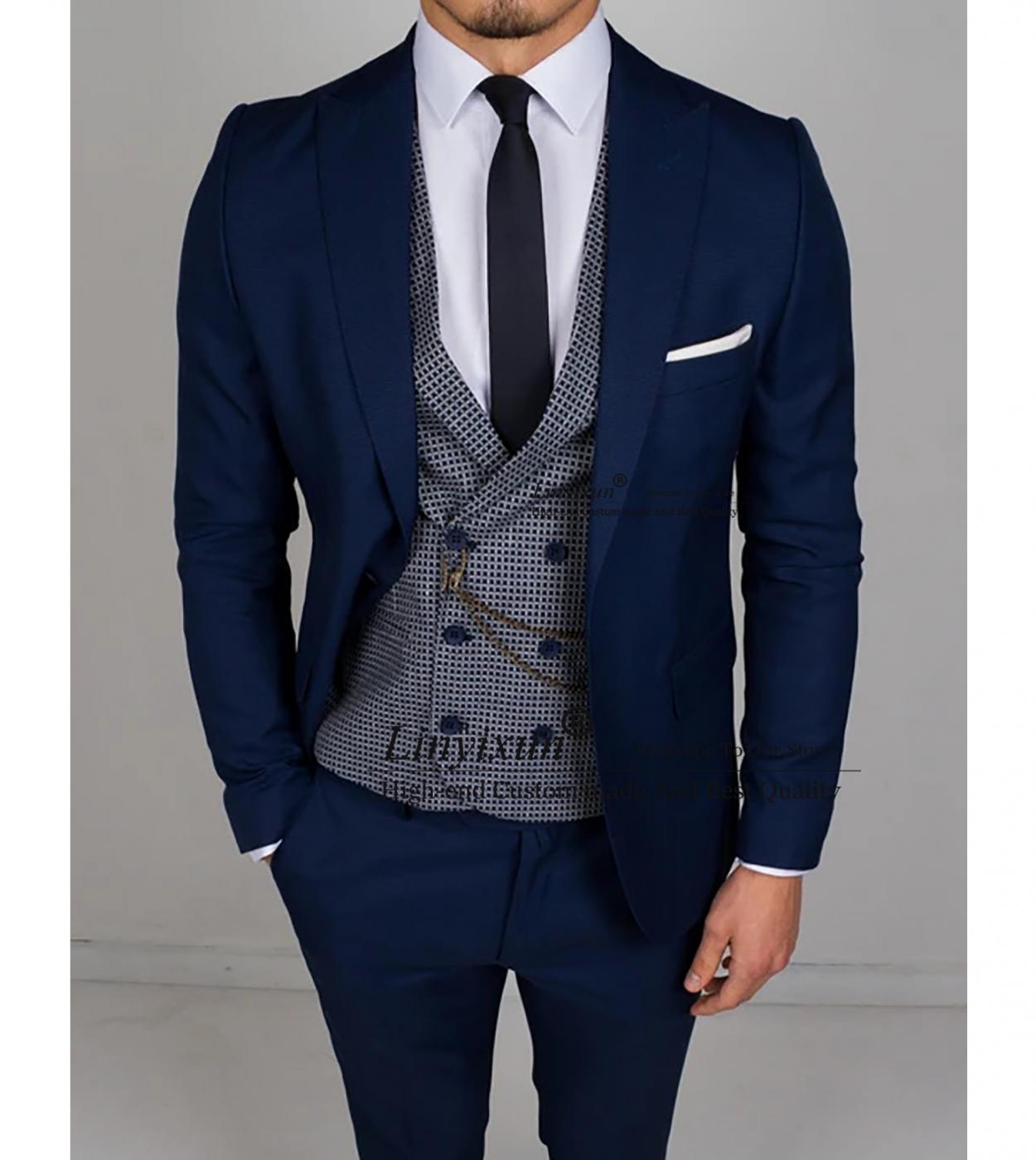 Casual Navy Blue Men Suits Office Workwear Groom Tuxedo Wedding 3 Piece Male Fashion Style Jacket Vest Pants Set Costume