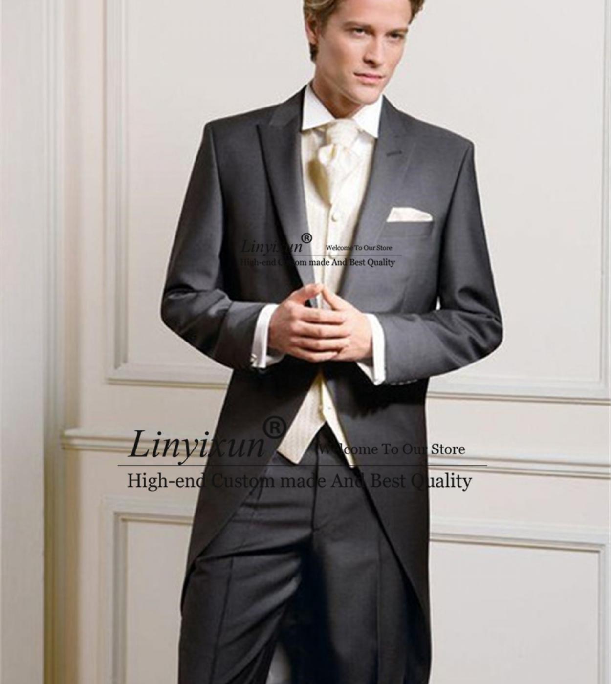 Fashion Long Black Mens Suits Wedding Groom Tuxedos 3 Piece Jacket Vest Pants Set Slim Fit Formal Groomsmen Blazer Costu