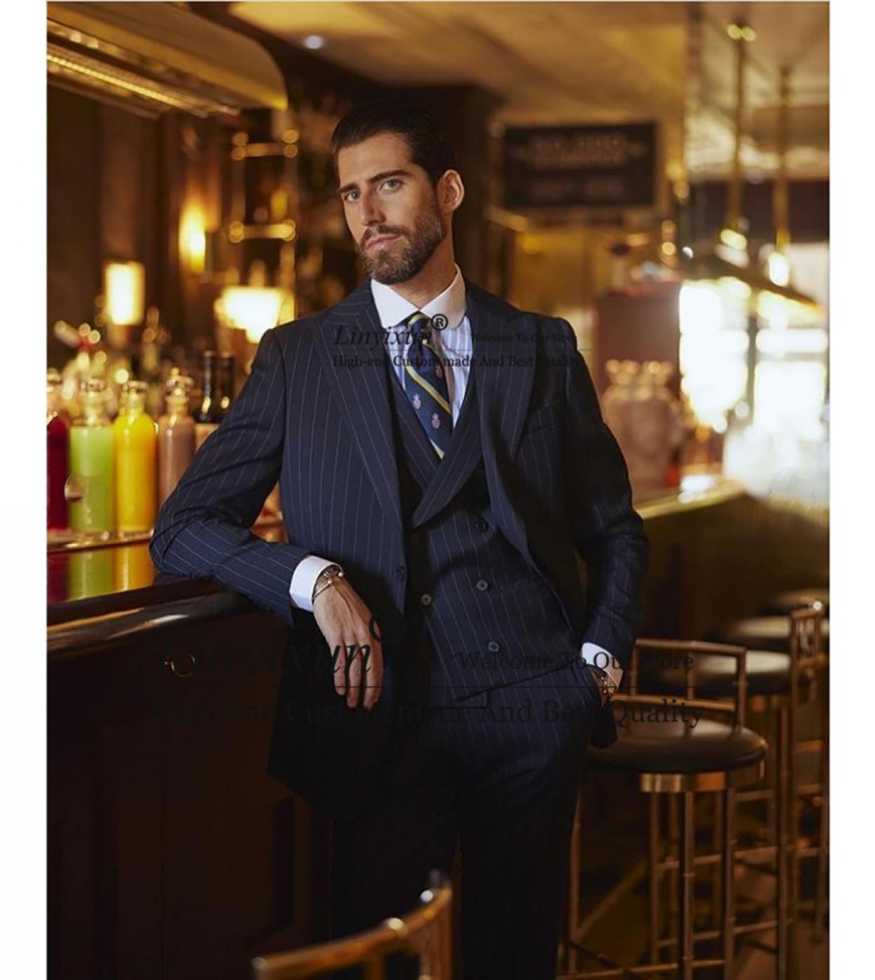 Classic Stripe Blue Mens ​suits Formal Business Blazer Slim Fit Wedding Groom Tuxedo 3 Piece Set Jacket Vest Pants Cos