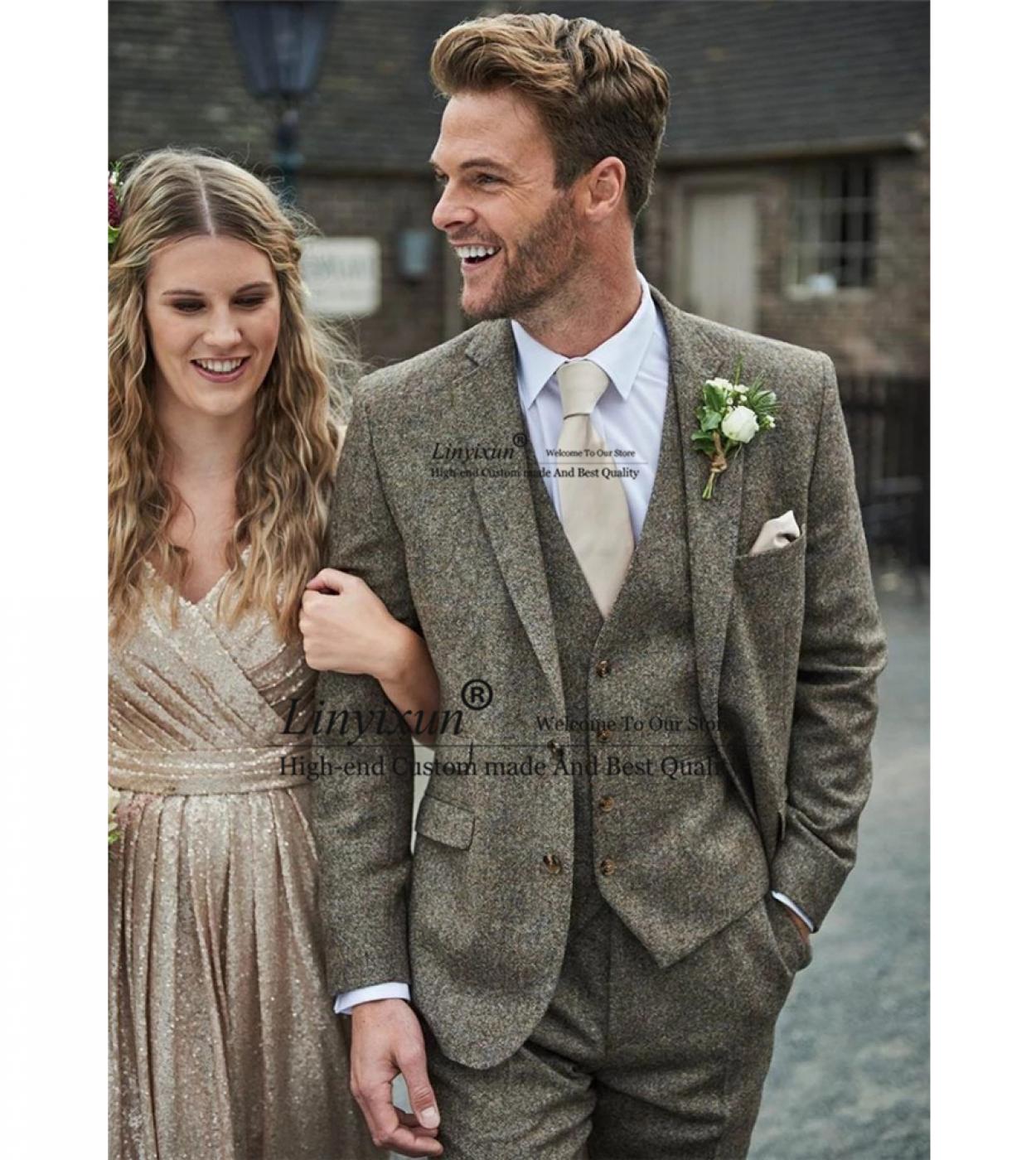 Classic Tweed Wedding Mens Suits Slim Fit Tuxedo Groom Prom Blazer Custom Made 3 Piece Set Jacket Pants Vest Terno Mascu