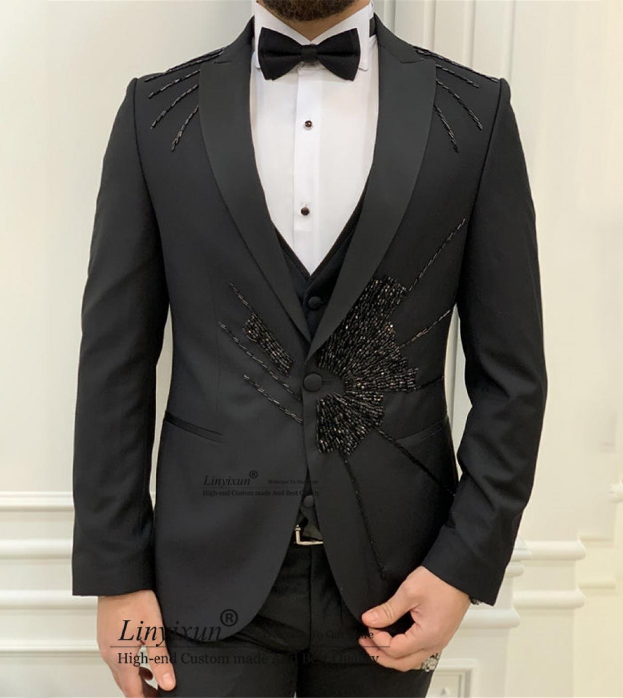 Handsome Beaded Black Suits For Men Wedding Groom Tuxedo Formal Occasion Rhinestone Slim Fit Blazer 3 Piece Set Terno Ma