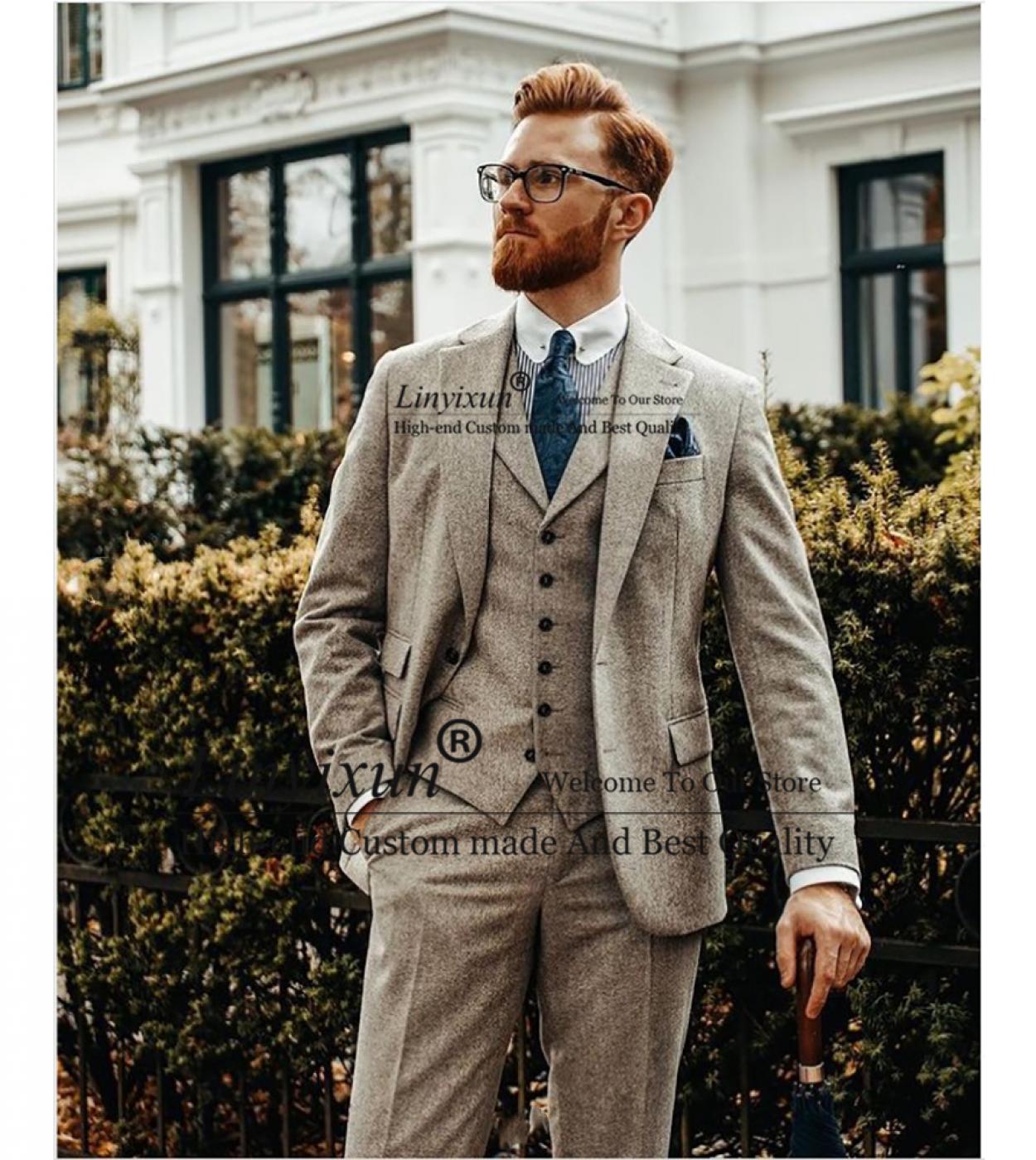 Classic Woolen Gray Men ​suit Formal Business Blazer Slim Fit Wedding Groom Tuxedo 3 Piece Set Jacket Vest Pants Terno