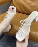 Women Sandals Ladies Square Heels Elegant Summer Slippers Outside Cross Tied Leather Female Slides 2022 Fashion Woman Sa