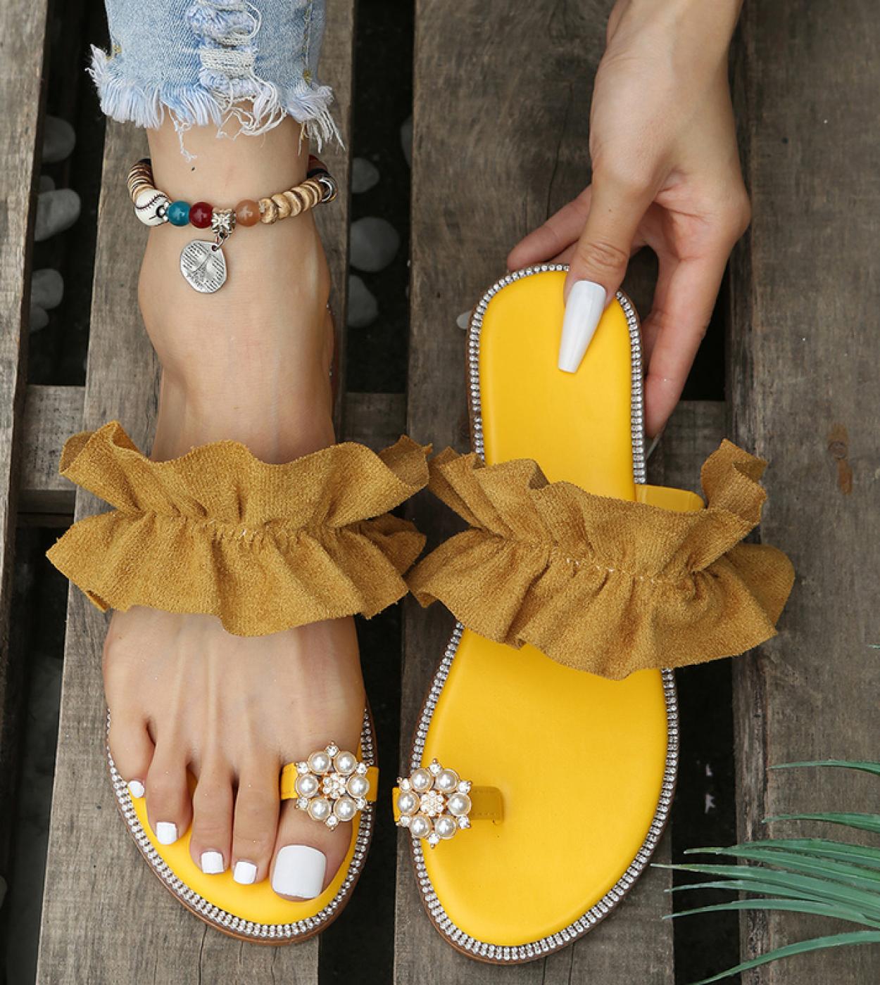 Women Flats Slippers Summer Casual Flip Flops Flowers Pearl Woman Flat Shoes 3543 Plus Size Comfortable Female Beach San